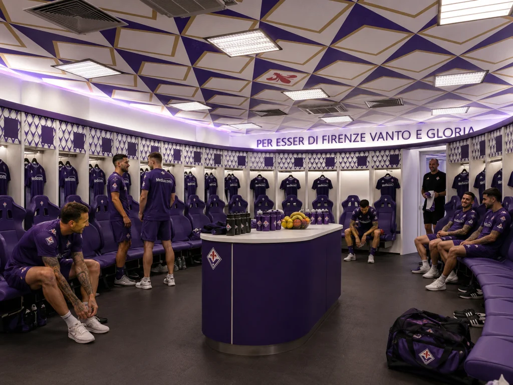 Rendering dello spogliatoio della fiorentina nello stadio Artemio Franchi di Firenze