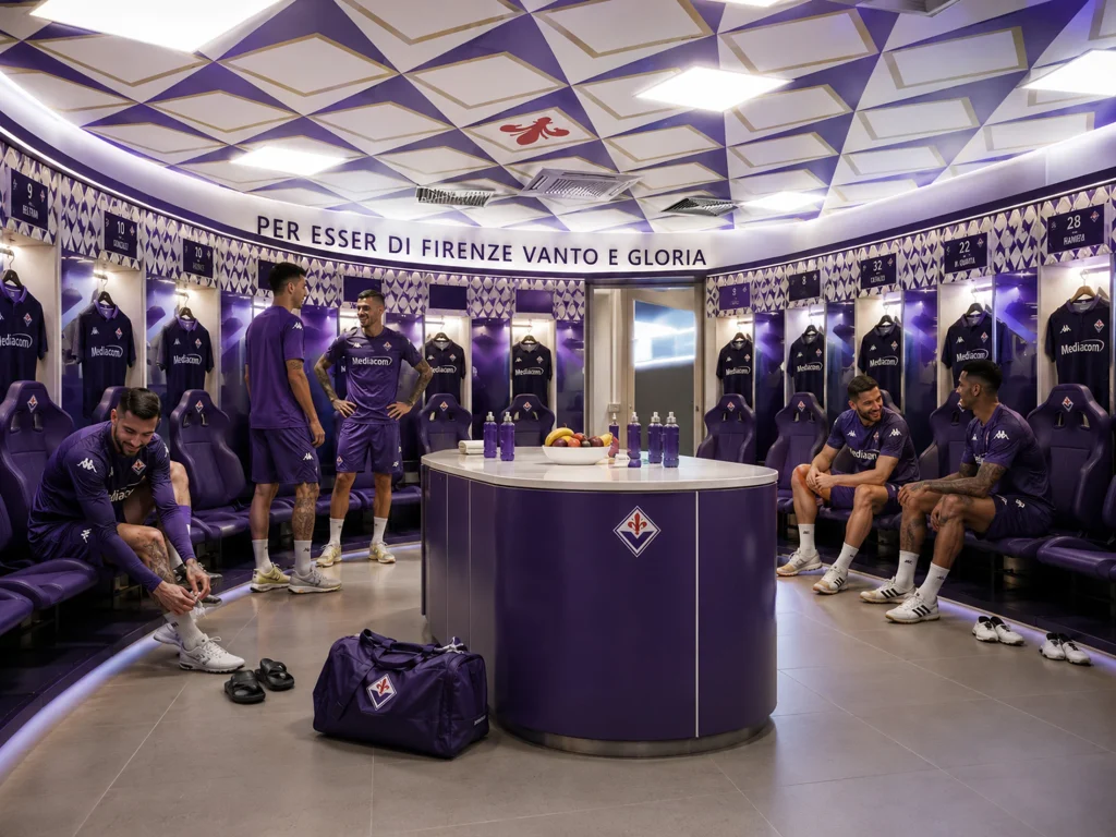 Rendering dello spogliatoio della fiorentina nello stadio Artemio Franchi di Firenze